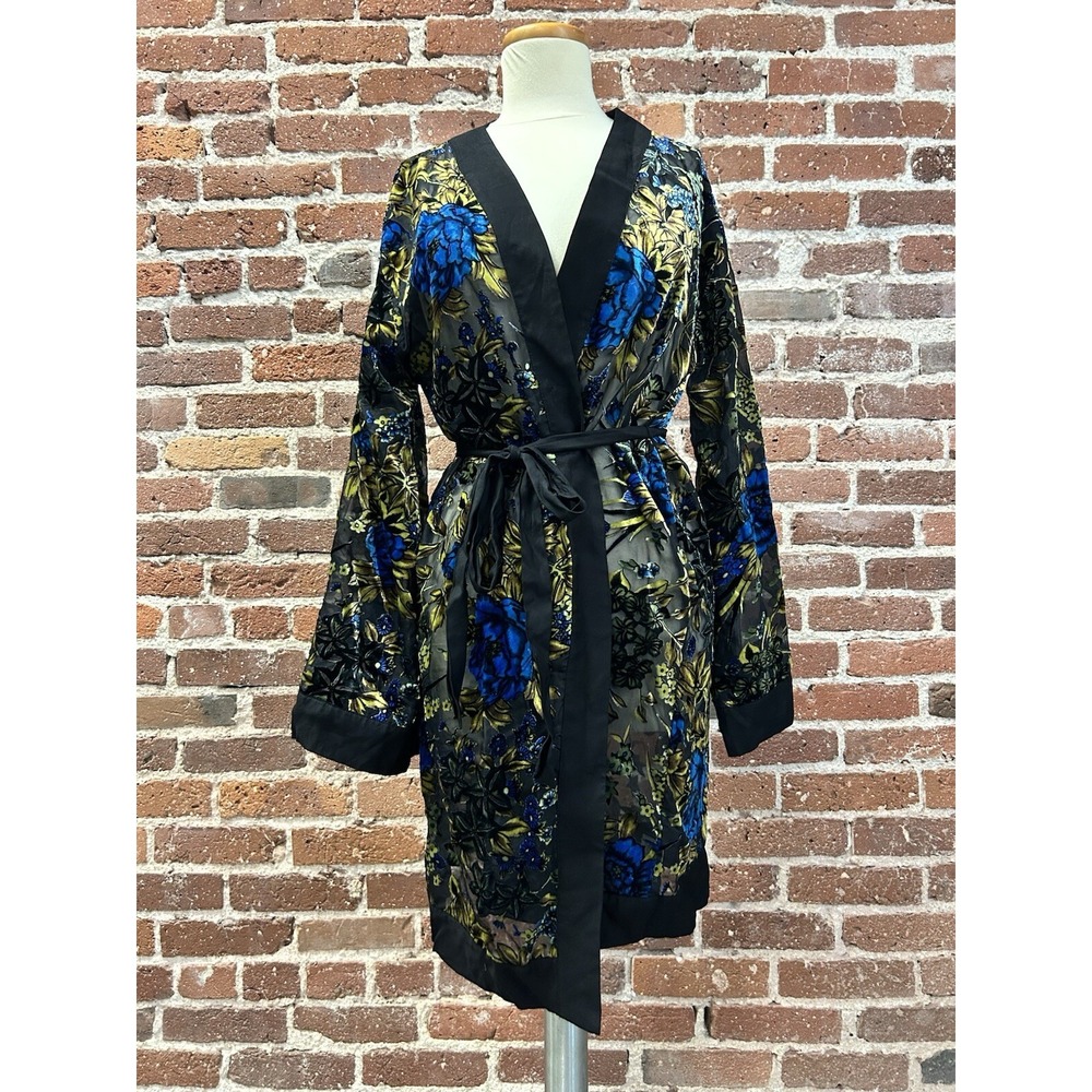 Willow Clay Sleepwear Kimono Robe Women's S/M Sheer Velvet Floral EUC